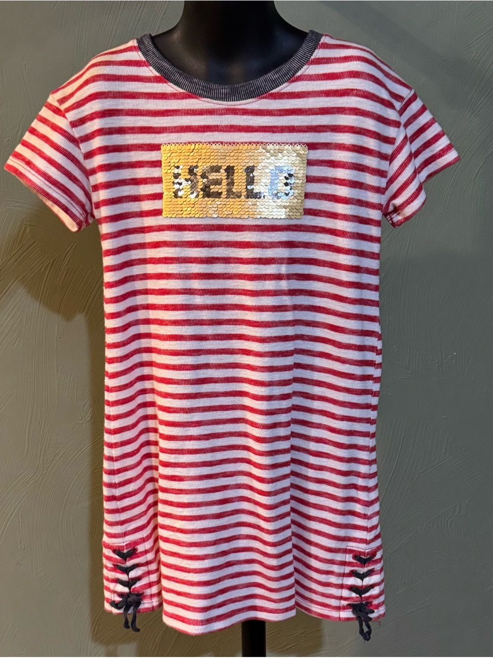 Cat & Jack Girls Red White Striped Flip Sequin Hello / Hola Dress Size S (6/6X)